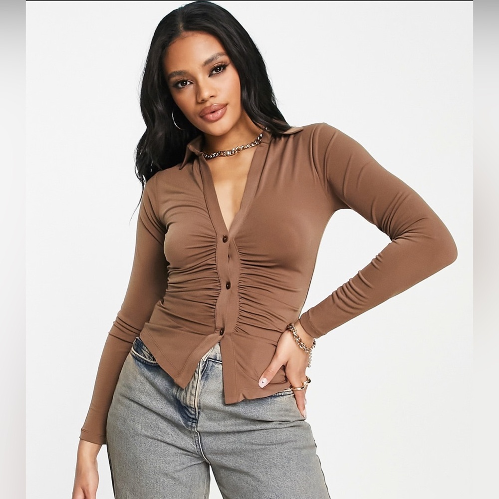 ASOS DESIGN ruched plunge shirt in slinky in brown - Size 2